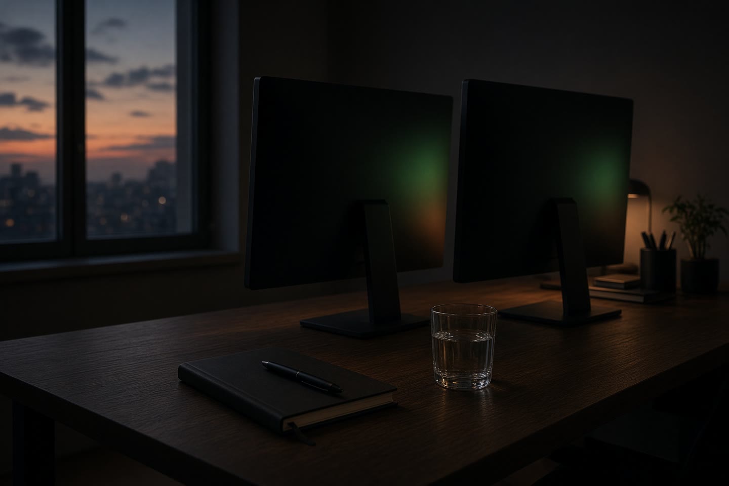 A quiet dual-monitor desk at dusk